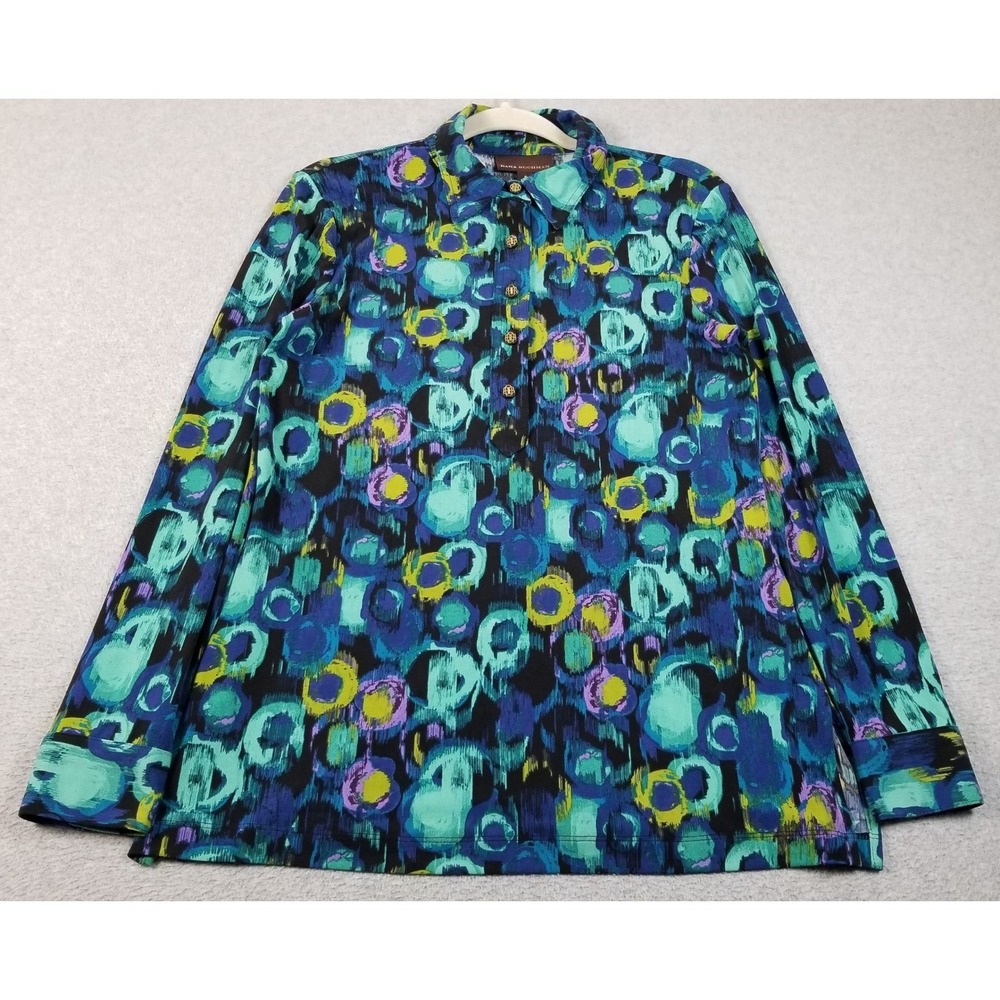 Dana Buchman Blouse Women Small S Blue Abstract Long Sleeve Stretch Artsy Jersey